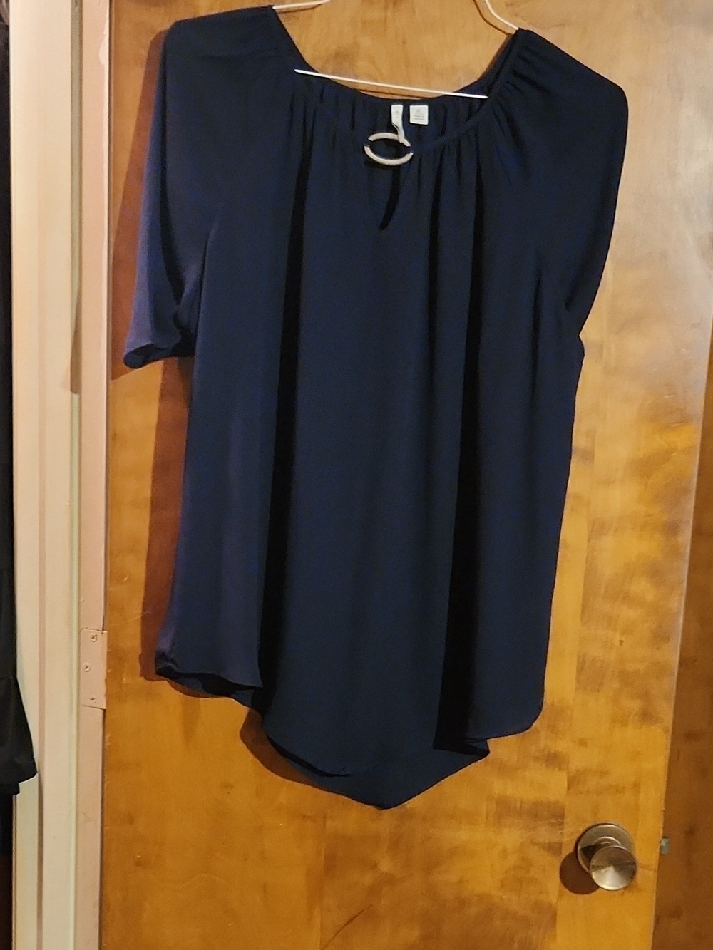 Relaxed Navy Short-Sleeve Peasant Blouse - Unbranded